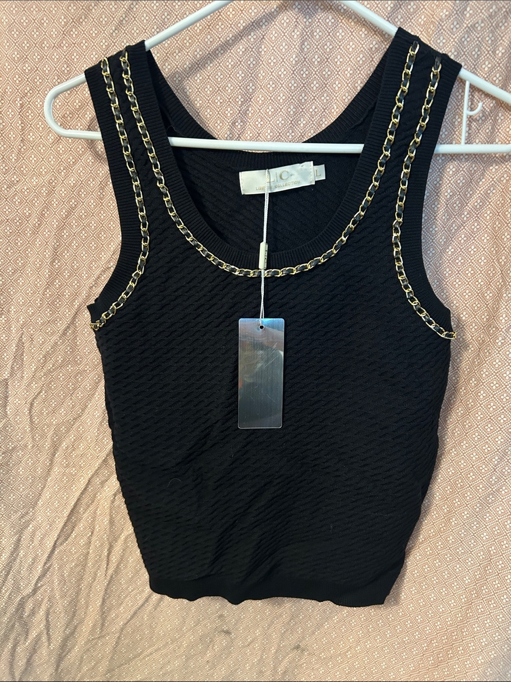 Lizette Collection Women’s Top Black/Gold Chain Large NWT